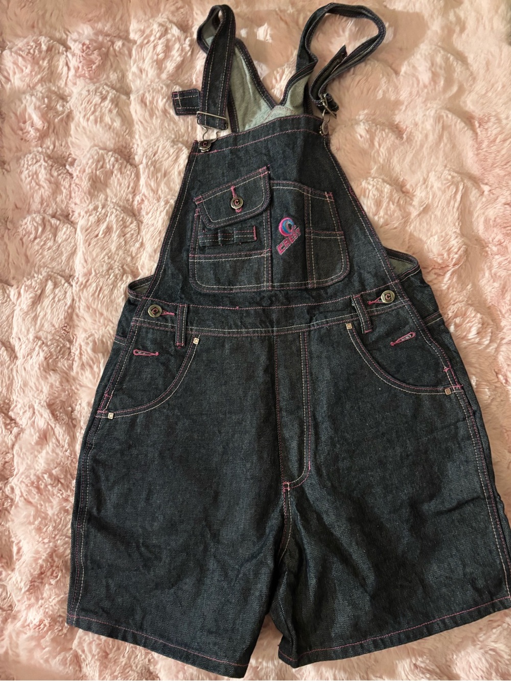 Denim Short Overalls with Pink Stitching